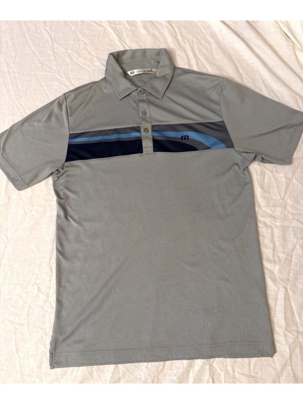 VTG Travis Mathew Mens Polo Shirt Gray With Blue Stripe Size S